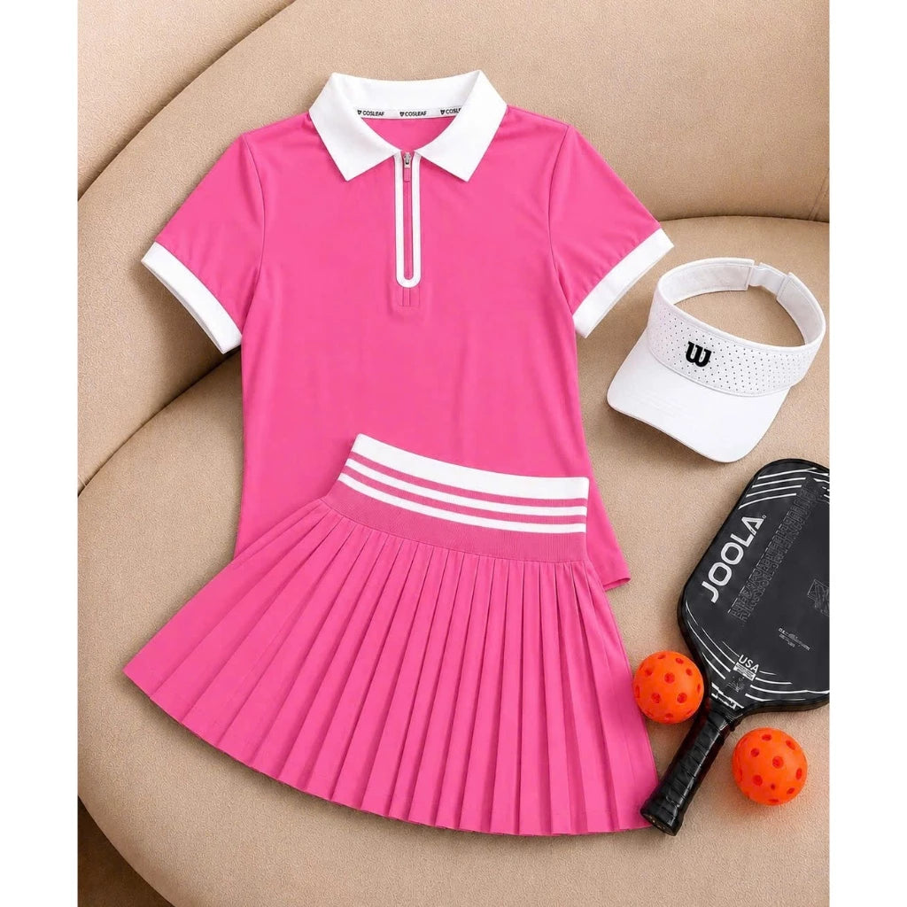 Model wearing the electric pink polo top with pleated skirt